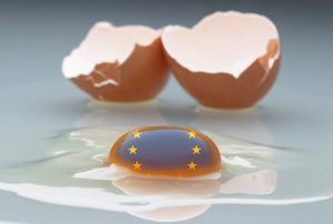 An image of a broken egg with european flag on the yolk